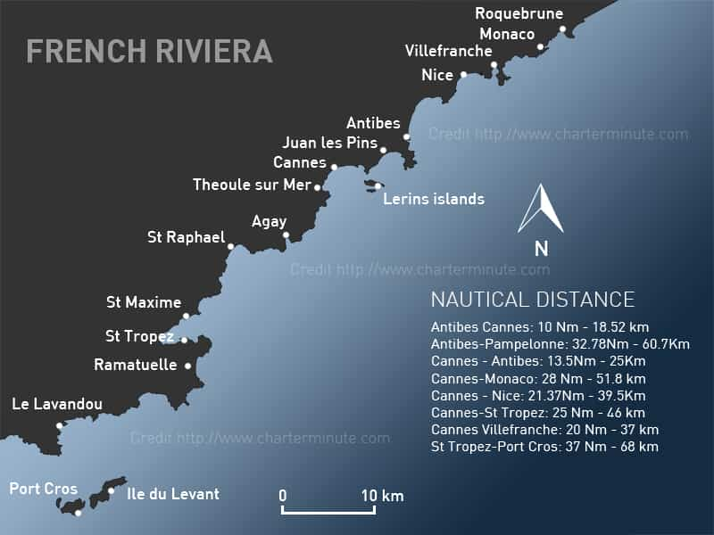 French Riviera map and marine distances by Charterminute